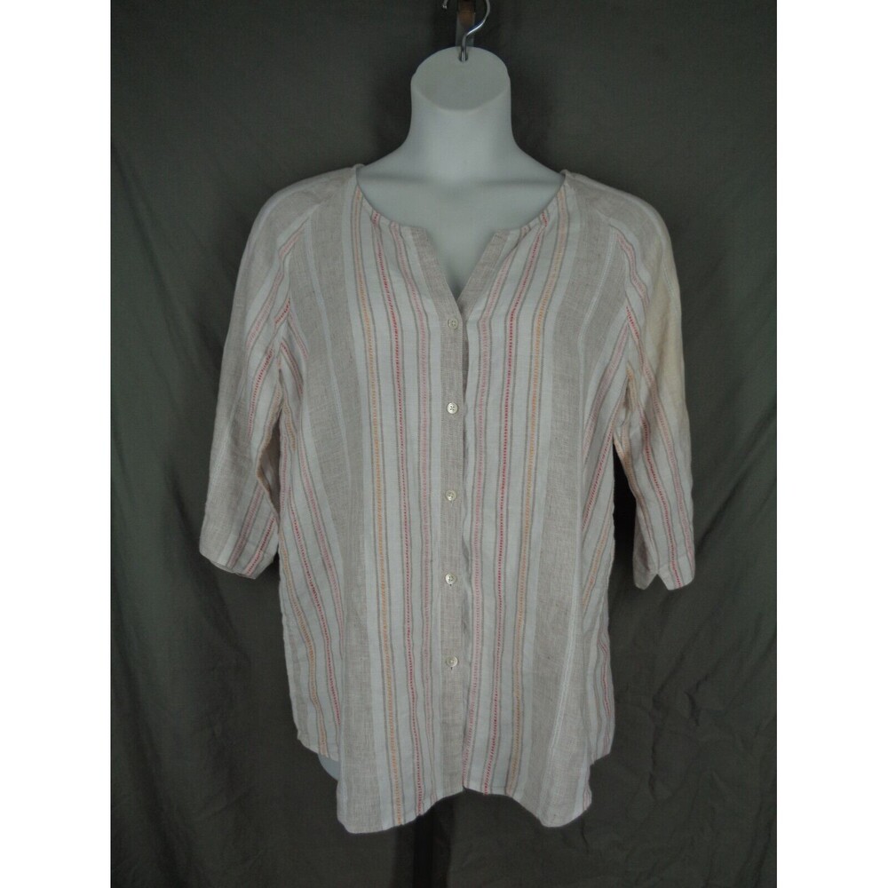 J Jill Love Linen Stripe Tab Sleeve Button Front Tunic Top Blouse Size Medium
